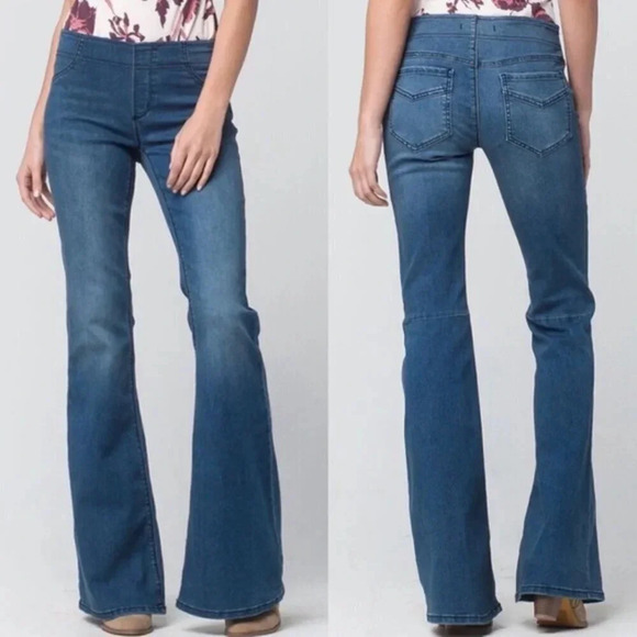 Free People Jeans Flare Leg Denim Jeggings Elastic Waist Pull On Blue Size 25 - Picture 9 of 10